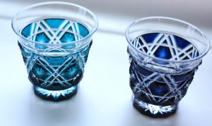 kiriko cut glass, two blue glasses