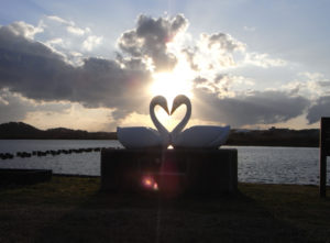 Heart-shaped Swan monument at Mogamigawa River Swan Park in Yamagata