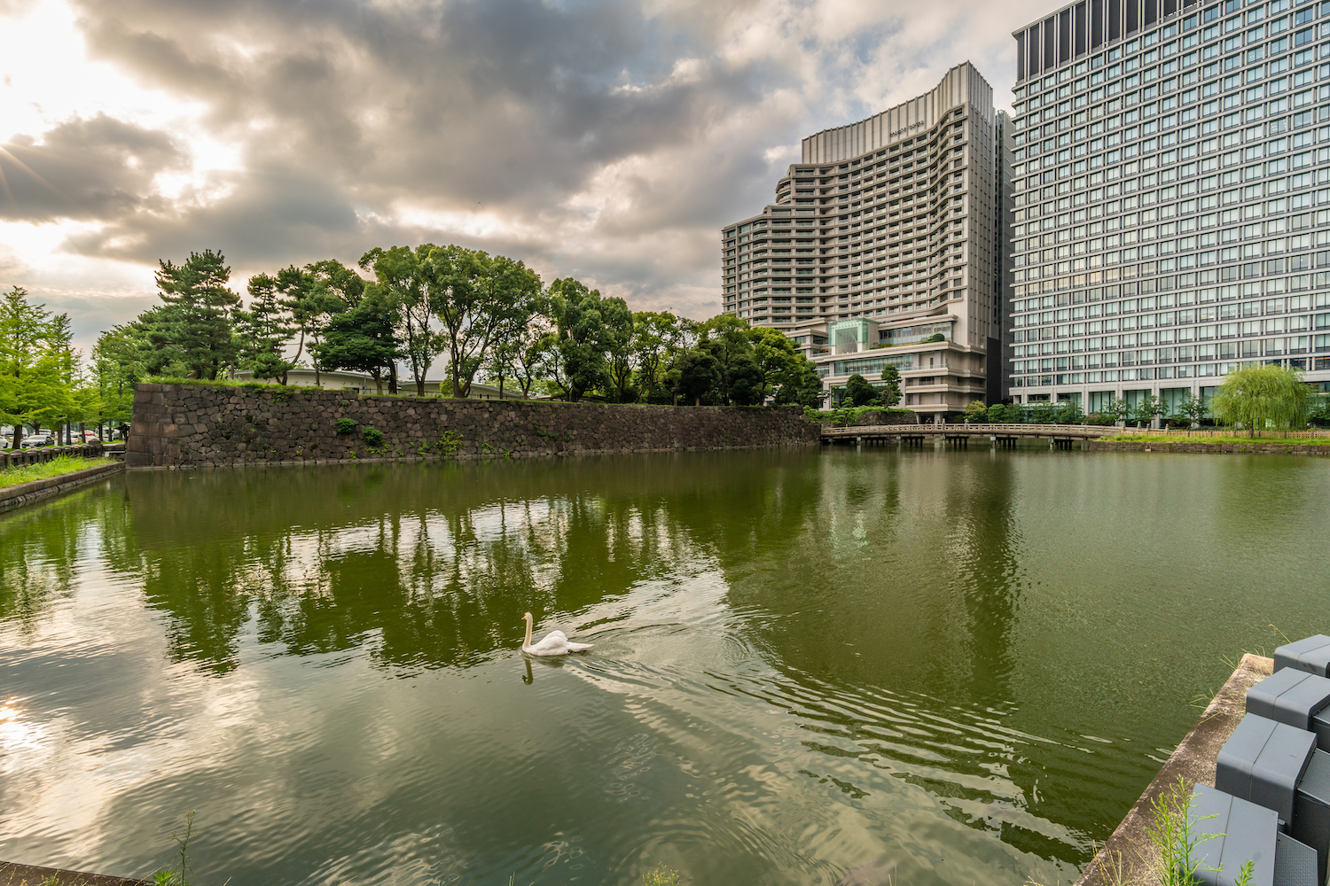 Tokyo, Japan - August 22, 2019: Wide angle view of Beautiful Swan, Bridge, and buildings water reflections at Tokyo imperial palace. Palace Hotel in the Background