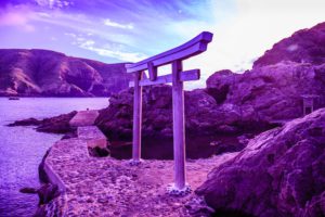 Viewed from a hiking trail, a purple tinted photo of a sacred Shinto torii gate beside the sea on a famous island at sunset.