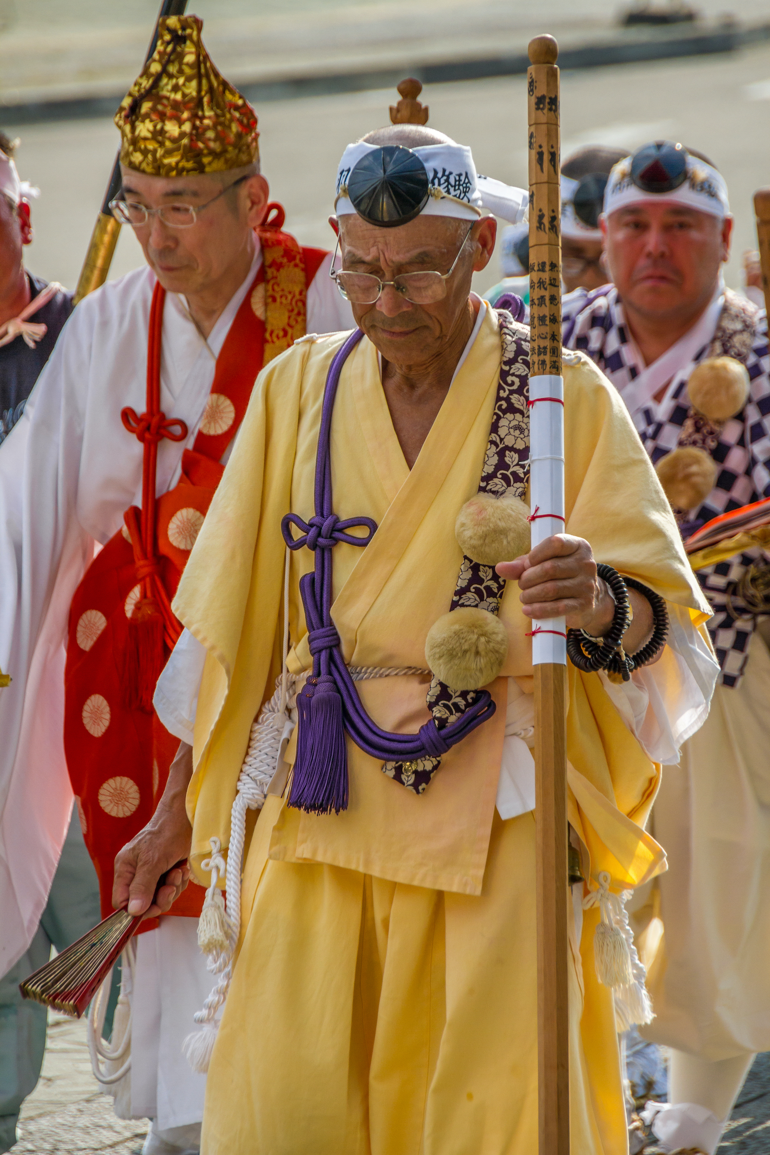 Yamagata Prefecture, Japan - August, 25, 2012: Hundreds of Yamabushi mountain priests arriving to the sacred Mount Haguro one of The Three Mountains of Dewa (Dewa Sanzan)