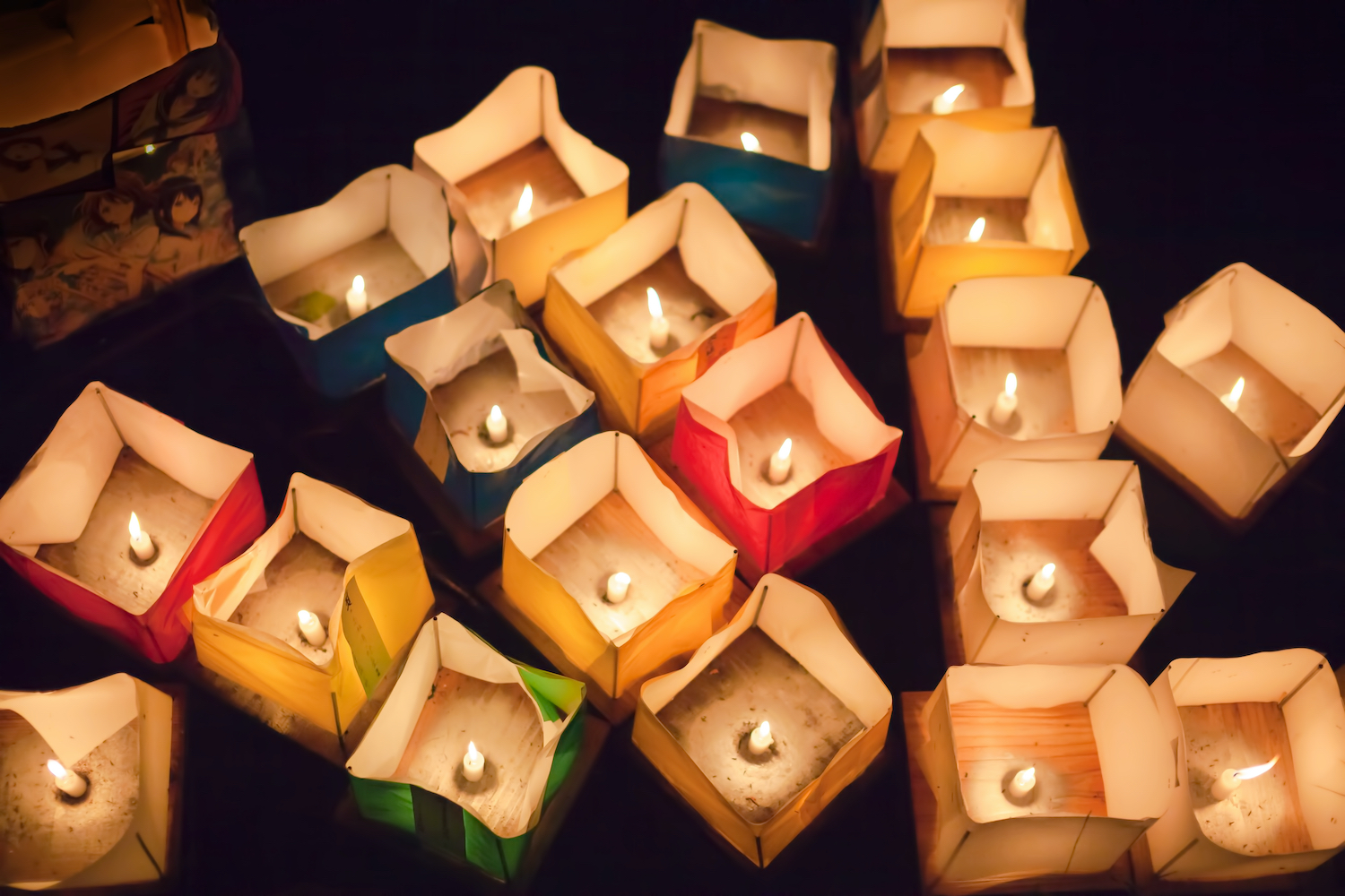 Colorful paper lanterns floated in Hirosawa pond, Kyoto, Japan