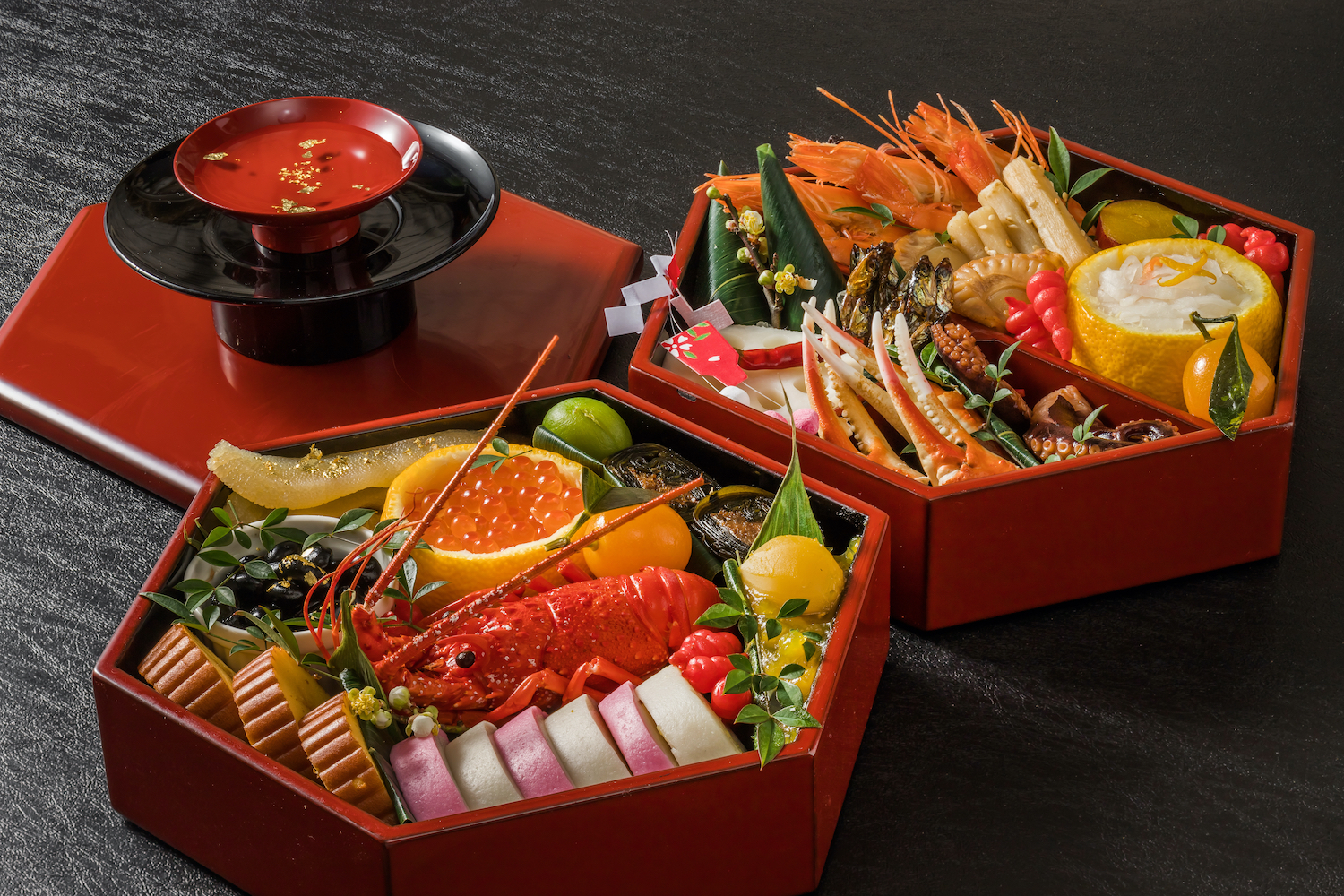 General Japanese New Year dishes (osechi) in hexagonal plates
