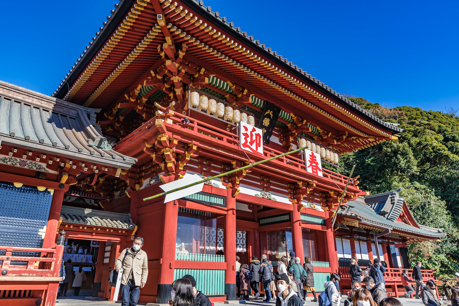 KAMAKURA, JAPAN - JAN 1, 2021: Hatsumode at Tsurugaoka Hachimangu shrine in Kamakura, Japan. Hatsumode is the first Shinto shrine or Buddhist temple visit of the Japanese New Year.