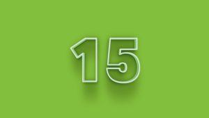 green 3d number 15 isolated on green background