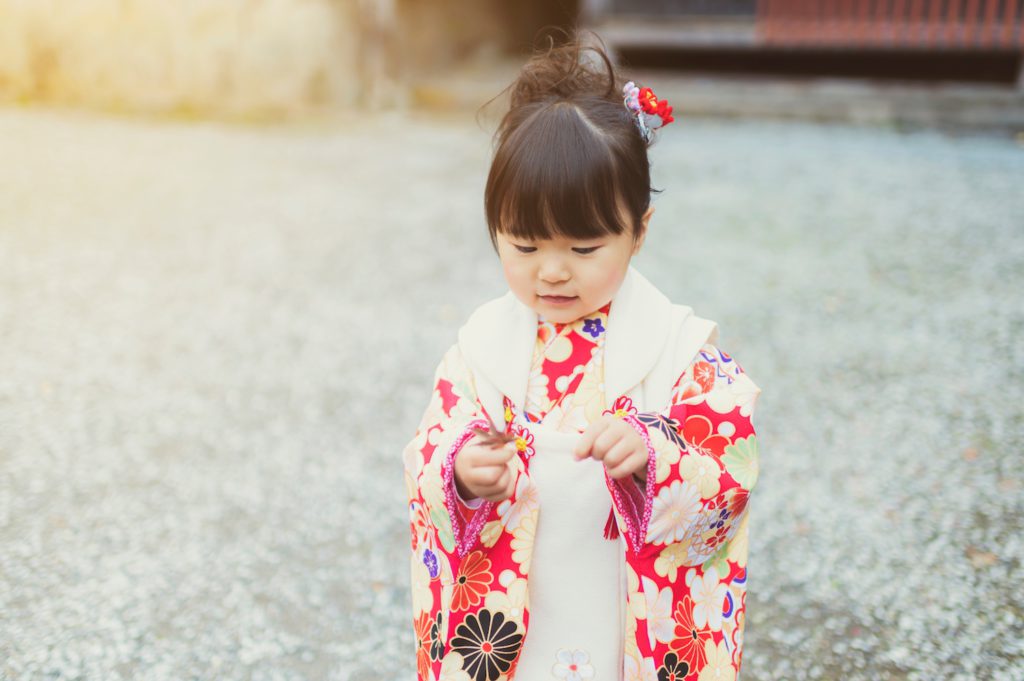 Celebration of Shichigosan. A 3-year-old girl. A traditional Japanese event.