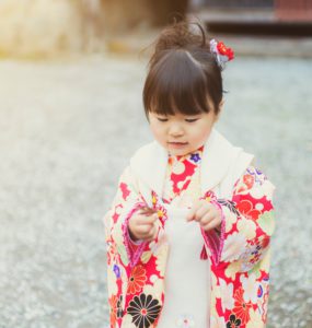 Celebration of Shichigosan. A 3-year-old girl. A traditional Japanese event.