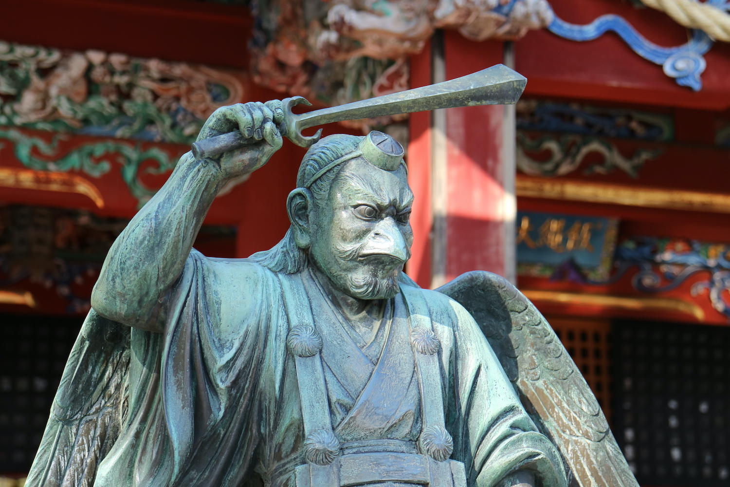Long-nosed goblin, braggart, Tengu with beak, bronze statue at Mt.Takao, Tokyo