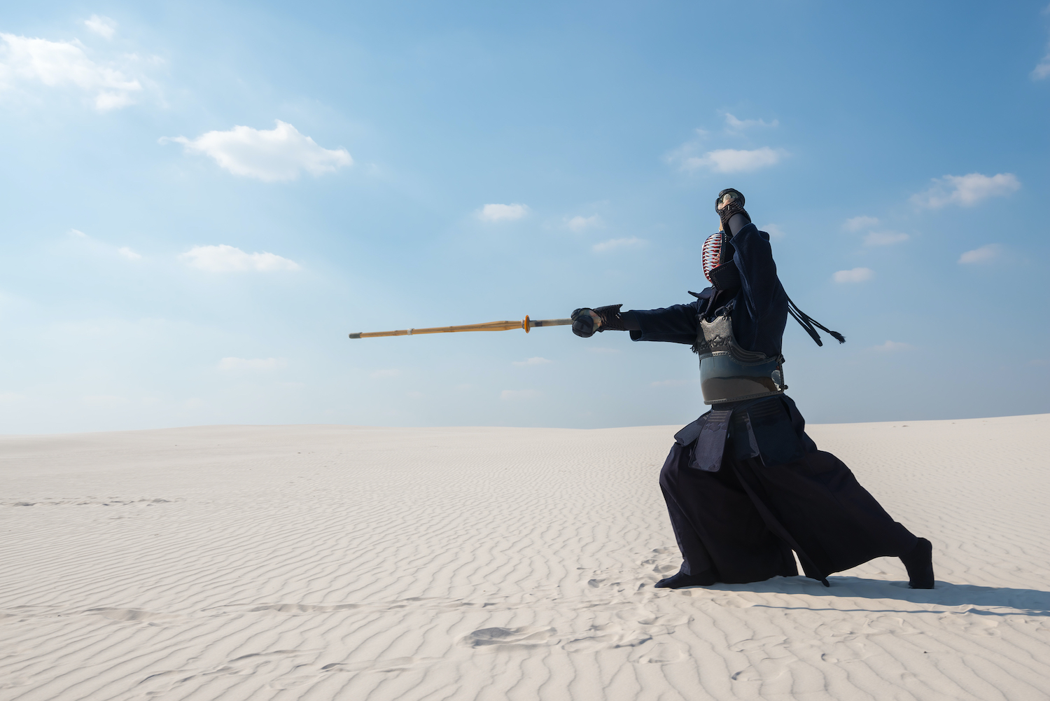 Man in traditional armor for kendo makes a deep lunge with his sword, during practice martial art in a wilderness at a sunny day. Tranquility and liberation of the mind in silence of the desert.