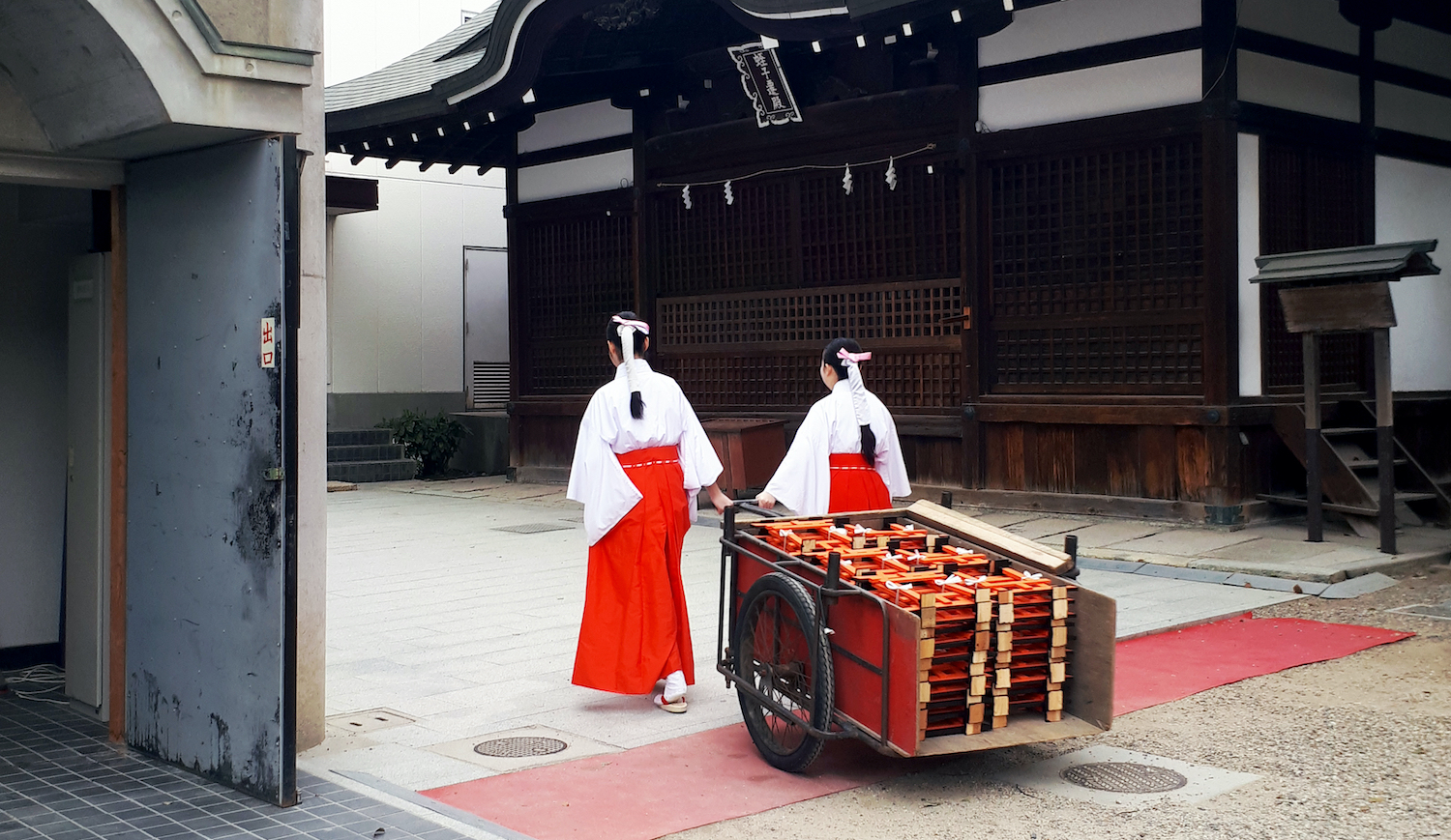 Japanese miko at a temple in Osaka on a rainy day