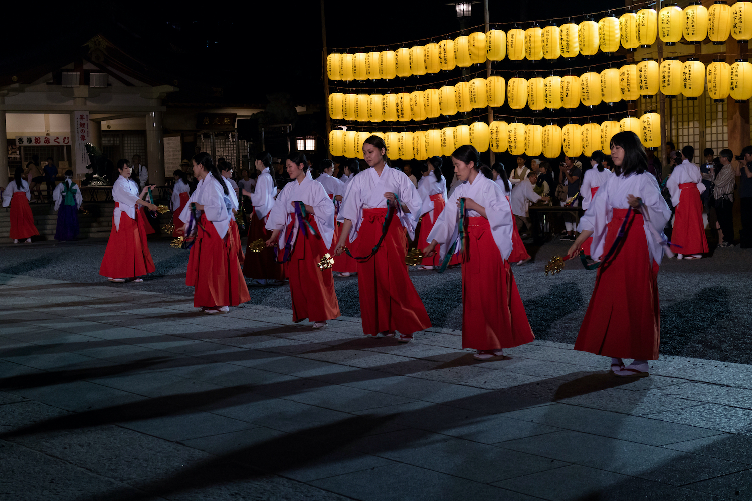 Hiroshima, Japan -  May 27, 2017: Manto Mitama Matsuri festival at the Hiroshima Gokoku-jinja Shrine, the spectacle of 100 shrine maidens dancing by lantern light