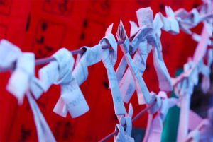 Omikuji - fortune slips are tied to ropes