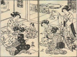 Women and a kid enjoy folding origami in the Edo Period