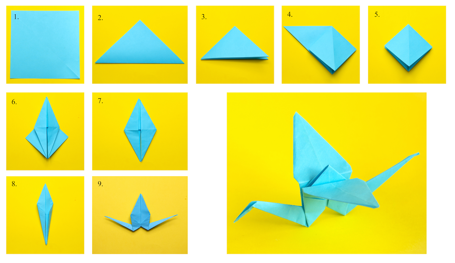 Step-by-step instructions on how to make a crane using the origami technique. DIY concept. Children's creativity.