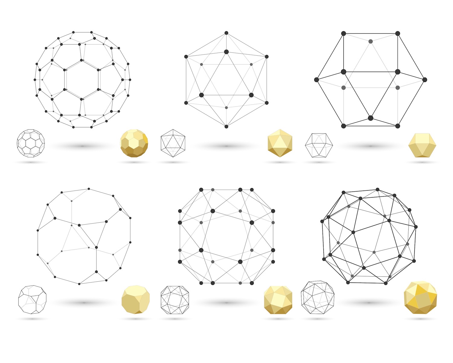 Technical origami reference image: Set of geometric 3D polyhedral shapes from triangular faces