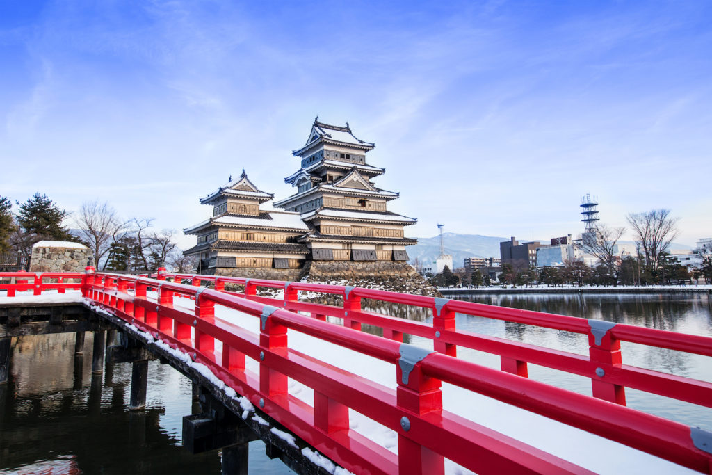 Matsumoto castle against blue sky in Nagano city, Japan.