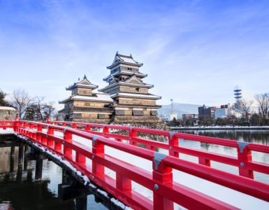 Matsumoto castle against blue sky in Nagano city, Japan.