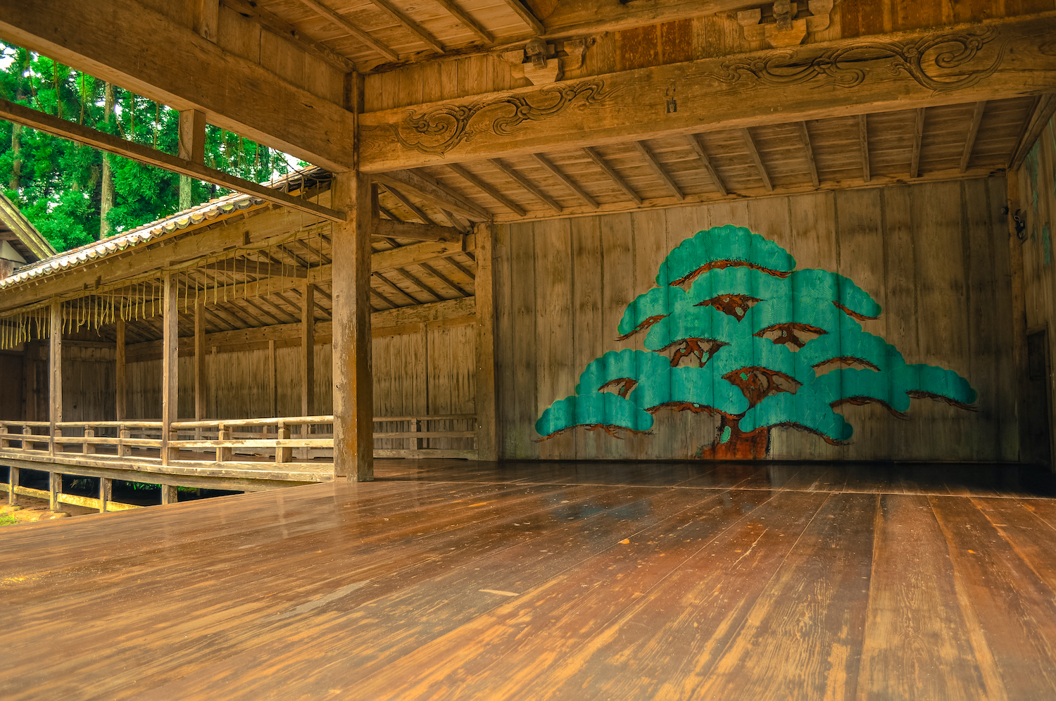 Sado, Niigata / Japan - August 6 2013: A wooden stage for Noh, a classical Japanese musical drama seen in Ushio Shrine