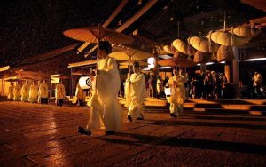 Shinto shrine priests marching at Izumo Taisha (Grand Shrine)