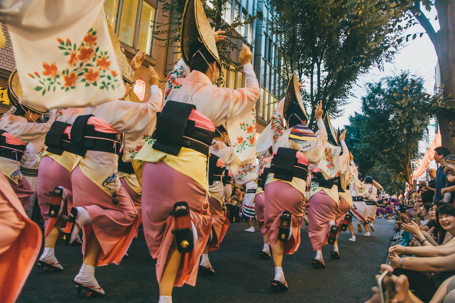 Tokyo, Japan - July 08 2019: Awa-odori dance during the Kagurazaka Matsuri (summer festival). Participants form a procession to perform a graceful traditional Japanese dance that originated in Tokushima