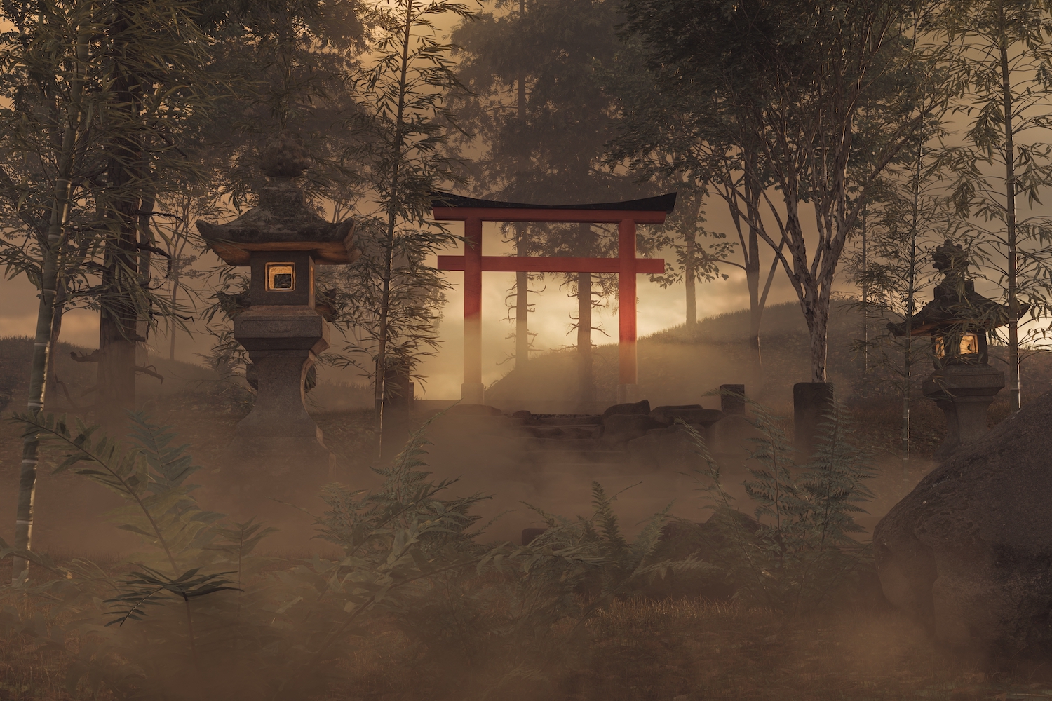3d rendering of an old Japanese shrine with Torii gate and stone lantern in the evening light