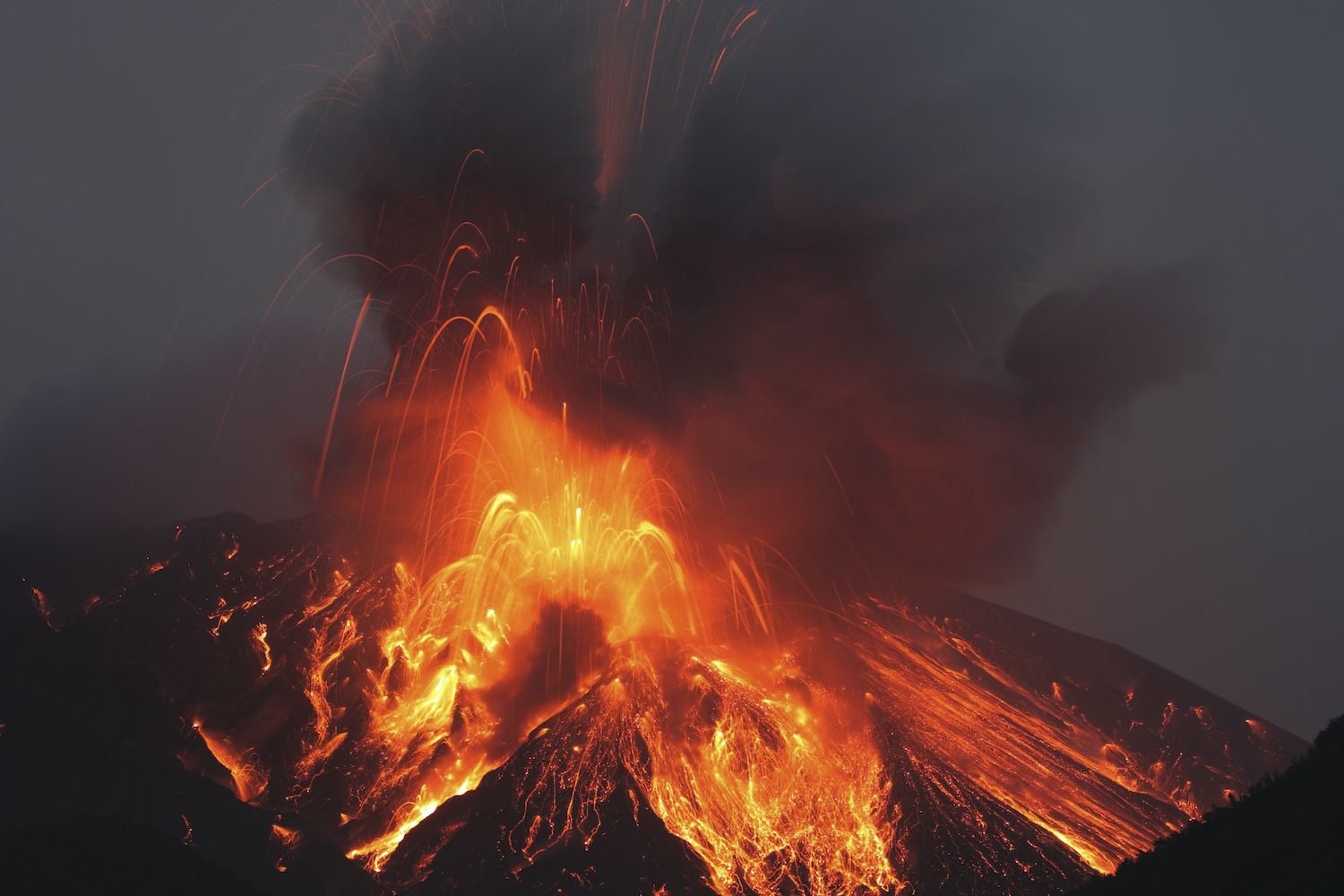 Molten lava erupts from Sakurajima, Kagoshima, Japan