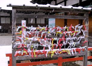 Omikuji - Fortune-telling Slips tied to hemp wires at Shimogamo Shrine in Kyoto