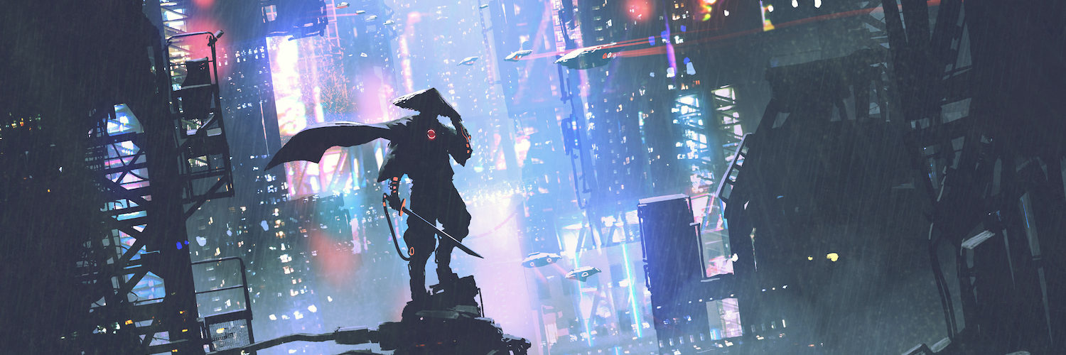 futuristic samurai standing on a building in cyberpunk city at rainy night, digital art style, illustration painting