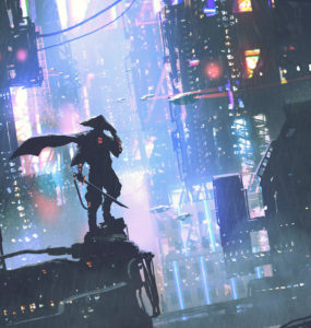 futuristic samurai standing on a building in cyberpunk city at rainy night, digital art style, illustration painting