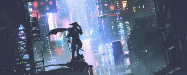 futuristic samurai standing on a building in cyberpunk city at rainy night, digital art style, illustration painting