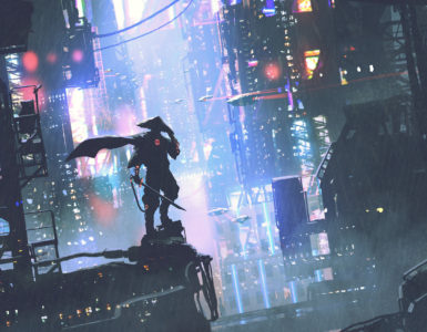 futuristic samurai standing on a building in cyberpunk city at rainy night, digital art style, illustration painting