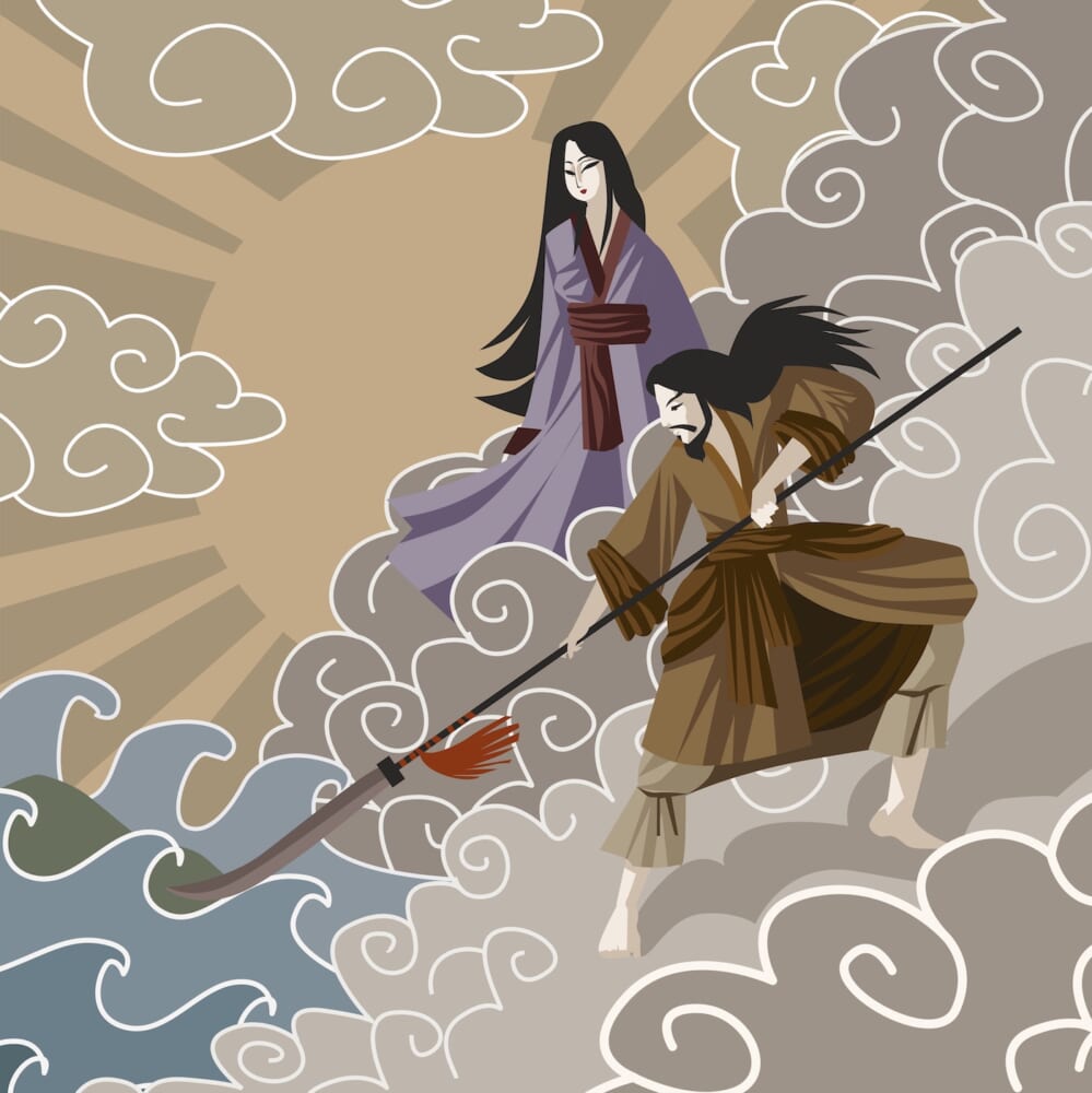 Izanagi and Izanami: Japanese mythology Shinto god and goddess creating an island