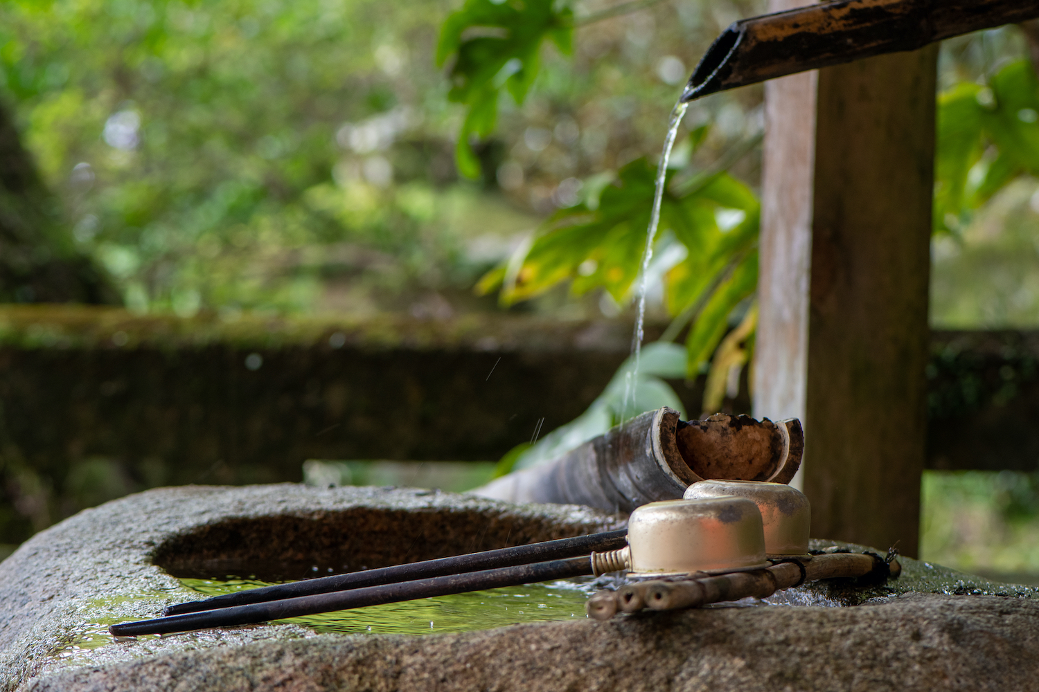 Chozuya, a water basin where one purifies its hand and mouth, in a Japanese shrine.