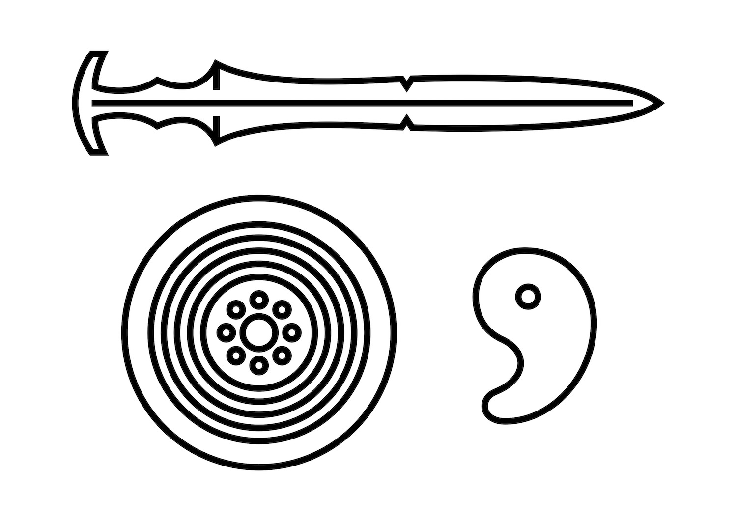 Simplified images of three regalia of Japan, sword, mirror, and magatama (comma-shaped bead)