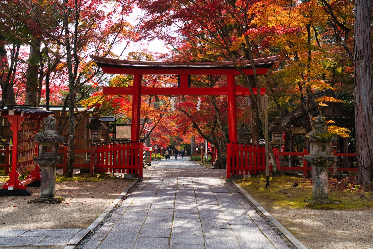 Kyoto, Japan - November 19, 2021: Third Torii or Sanno Torii at Oharano jinja shrine in autumn in Kyoto, Japan