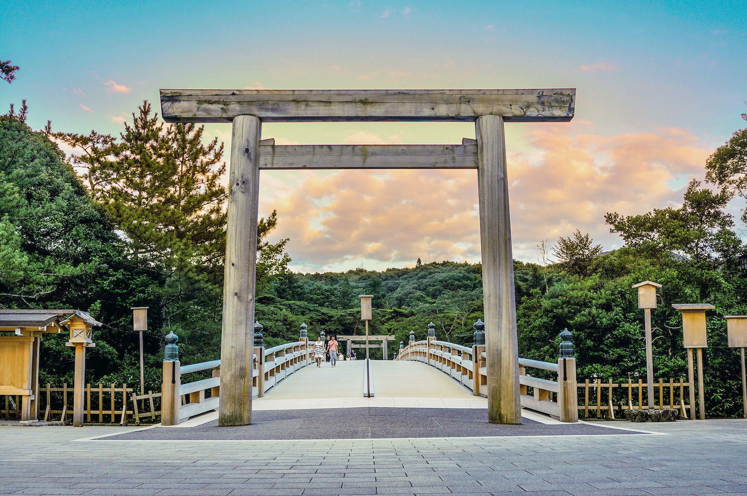The scenery of the Ujibashi Bridge at Ise Grand Shrine in the sunset