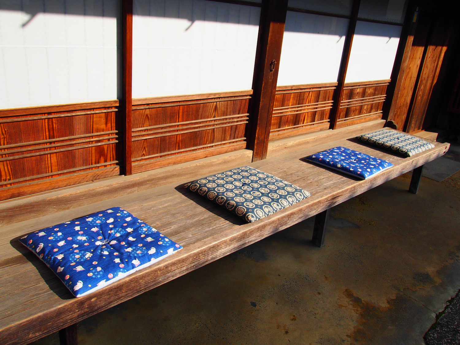 Japanese traditional veranda called engawa with four cushions