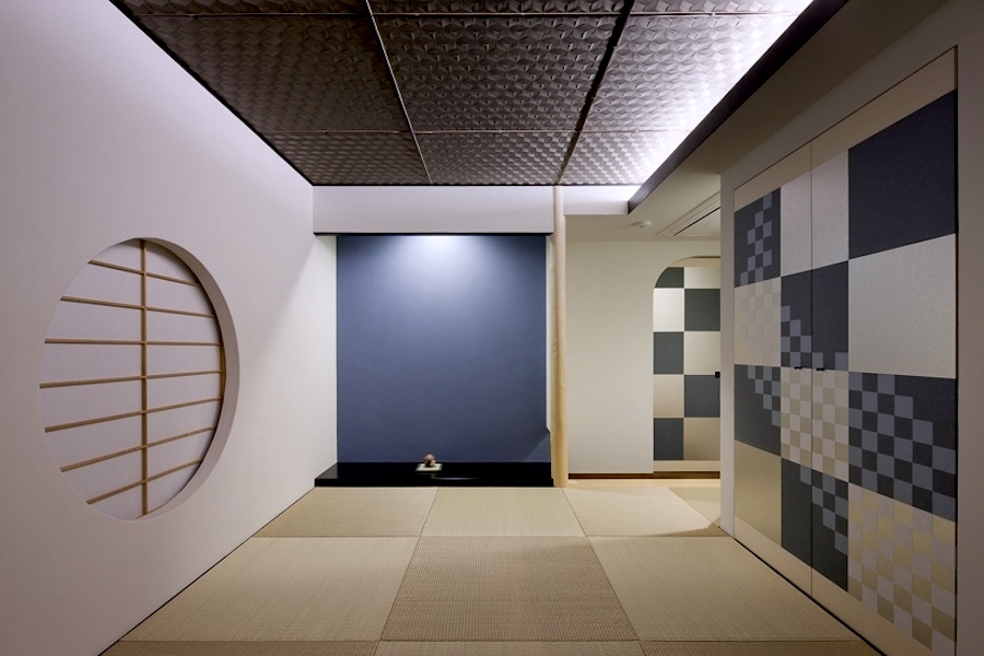 One of the examples of the Modern Tokonoma with blue wall and checkered pattern on sliding doors