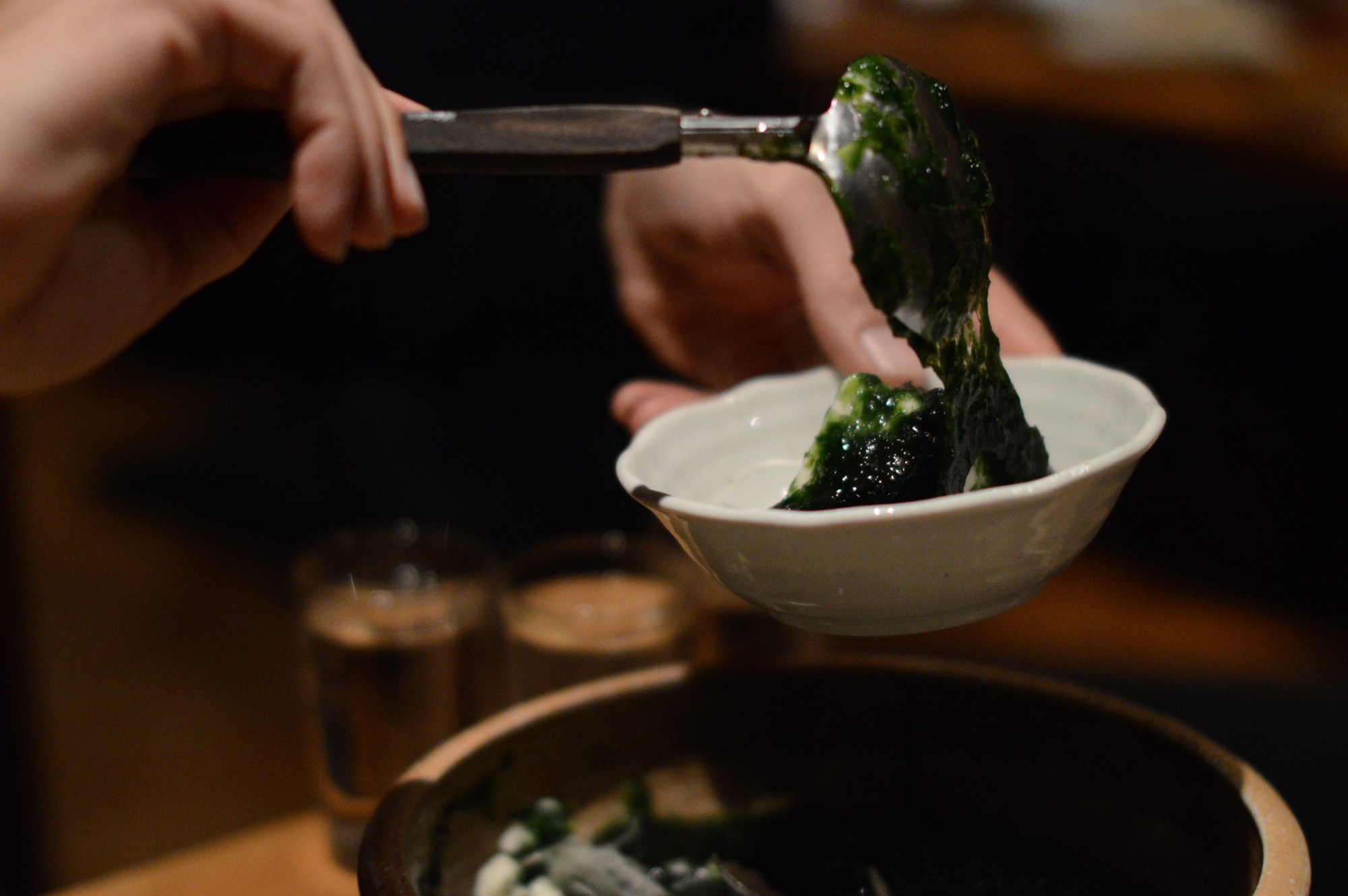 Aonori Dofu, Tofu soaked in green laver soup served