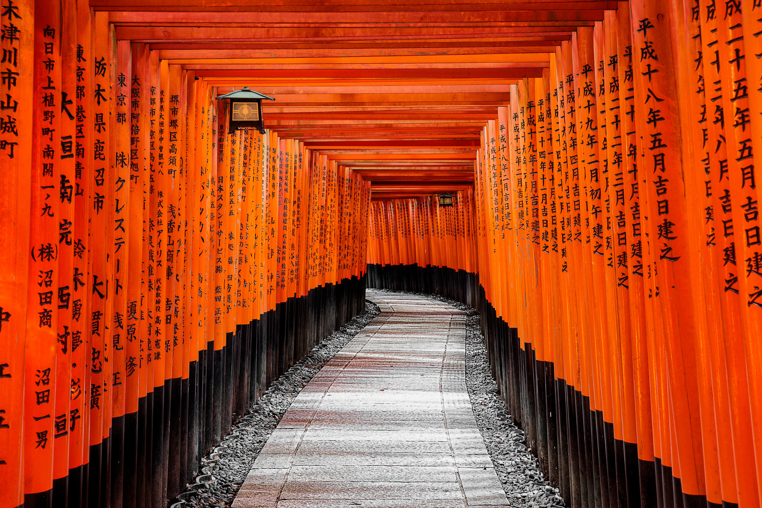 Repeated red torii gates at Fushimi Inari Taisha in Kyoto
