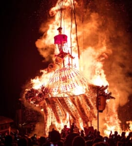 Dosojin Festival at Nozawa Onsen. Burning of one of the lanterns