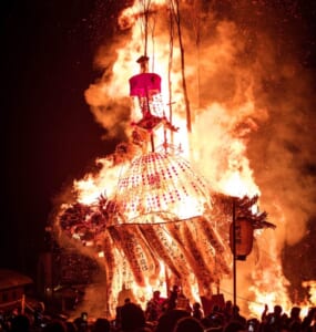 Dosojin Festival at Nozawa Onsen. Burning of one of the lanterns