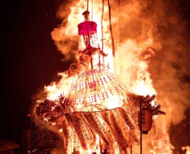 Dosojin Festival at Nozawa Onsen. Burning of one of the lanterns