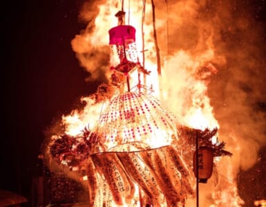 Dosojin Festival at Nozawa Onsen. Burning of one of the lanterns