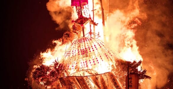 Dosojin Festival at Nozawa Onsen. Burning of one of the lanterns