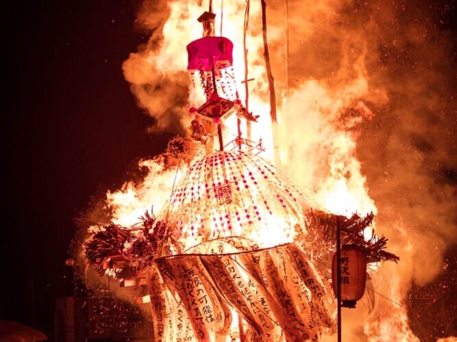 Dosojin Festival at Nozawa Onsen. Burning of one of the lanterns